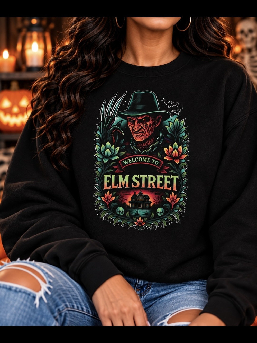 Welcome to Elm Street Horror Sweatshirt | Black Halloween Crewneck | Retro